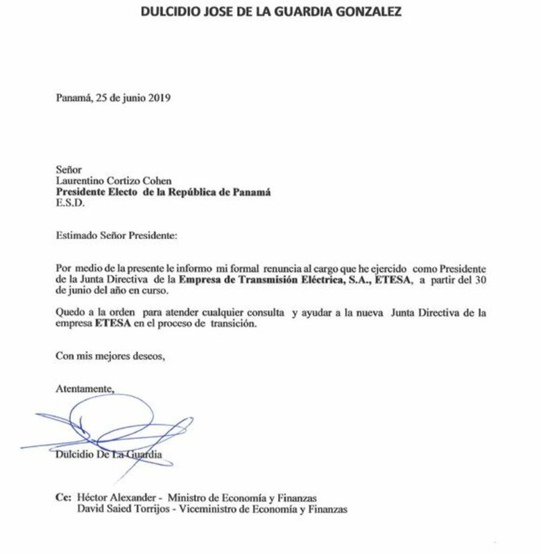 Dulcidio De La Guardia anuncia su renuncia a las directivas de Tocumen, S.A. y de Etesa
