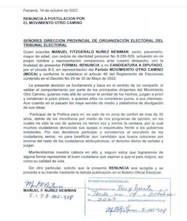 Manuel Núñez renuncia a su candidatura como diputado por MOCA