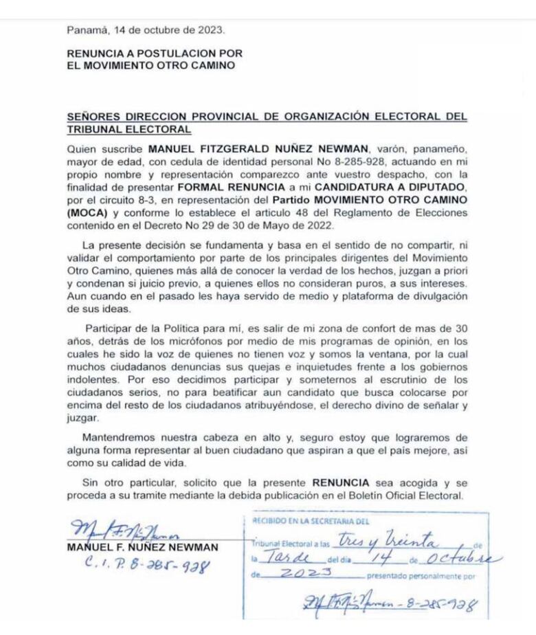 Manuel Núñez renuncia a su candidatura como diputado por MOCA