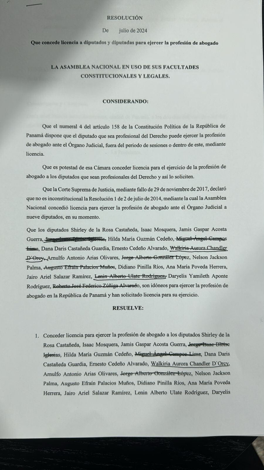 Proyecto de la resolución que se pretende aprobar para que un grupo de diputados tenga licencia para ejercer el derecho, mientras ocupa la curul.