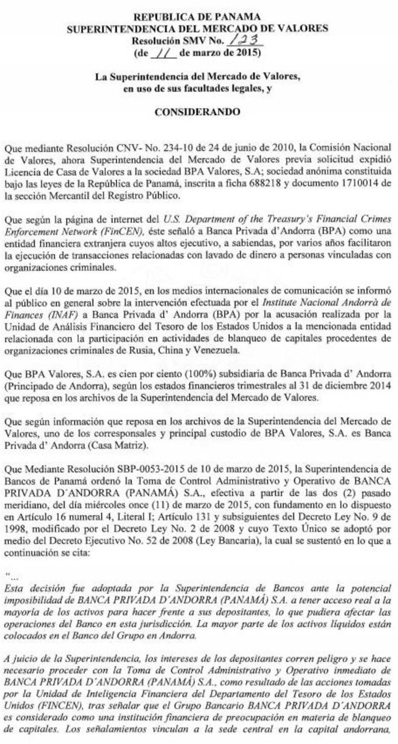 Autoridades de Panamá intervienen casa de valores de la Banca Privada de Andorra