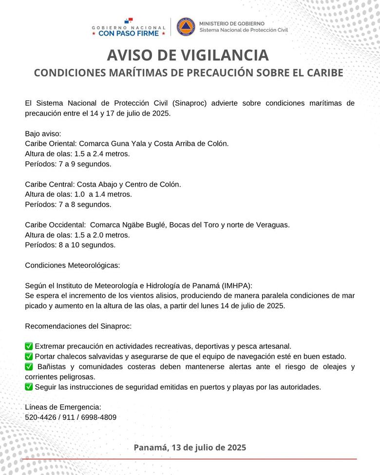 Emiten aviso de vigilancia por condiciones marítimas en el Caribe panameño