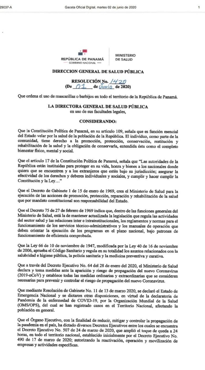 Ministerio de Salud ordena el uso obligatorio de mascarillas en todo el país