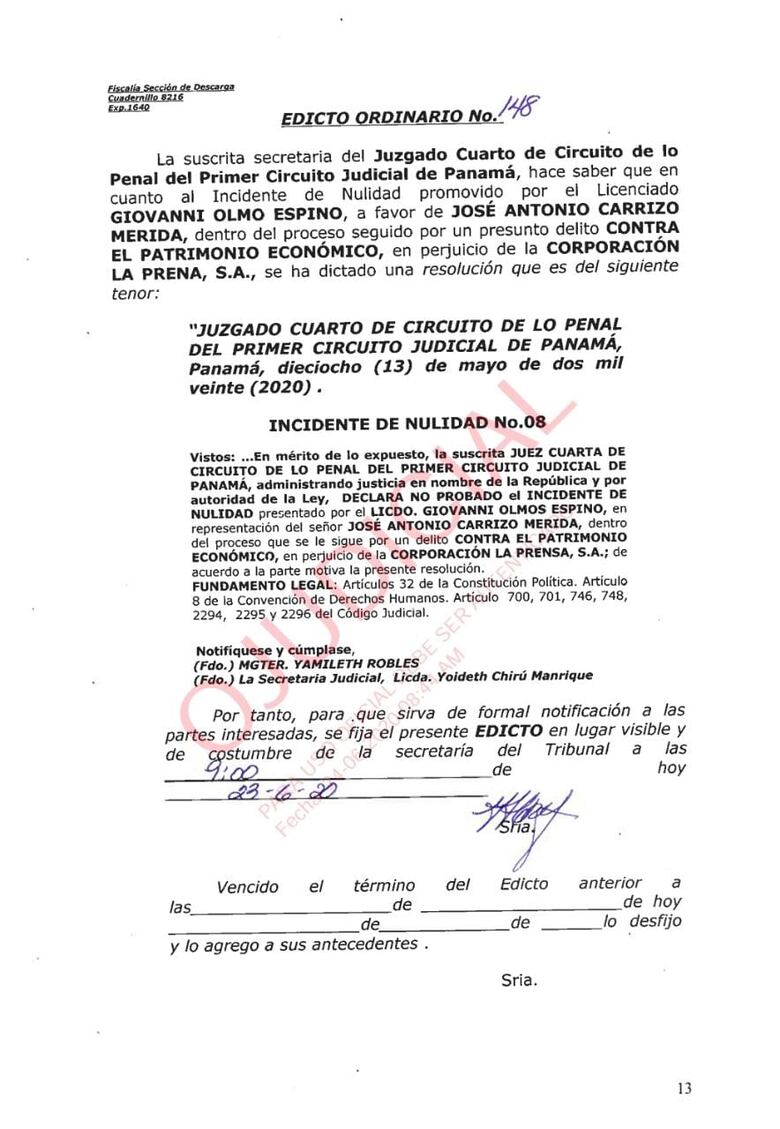 Niegan incidente de nulidad a investigado por estafa contra el patrimonio de Corprensa 