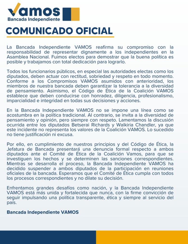 Vamos suspende a los diputados Chandler y Richards tras gritos, mensajes en ‘X’ y entrega de ropa interior
