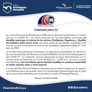 Lotería Nacional extiende la suspensión de los sorteos hasta nuevo aviso