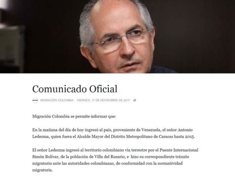 Antonio Ledezma huyó de Venezuela y está en Colombia