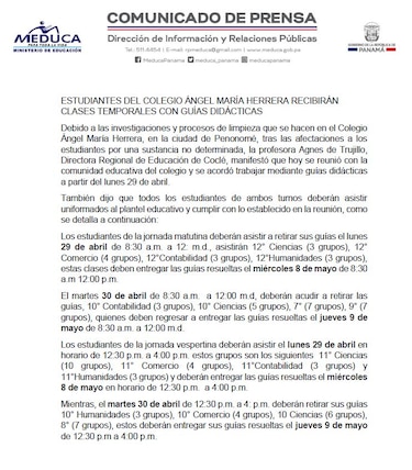 Estudiantes del colegio Ángel María Herrera de Penonomé recibirán clases a través de guías didácticas