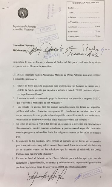 Pleno de la Asamblea Nacional cita a Ramón Arosemena, ministro de Obras Públicas