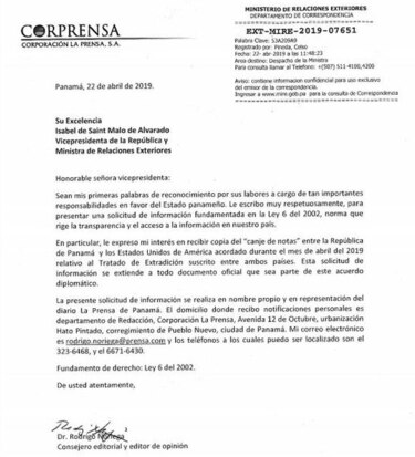 Solicitud de información para conocer contenido de canje de notas