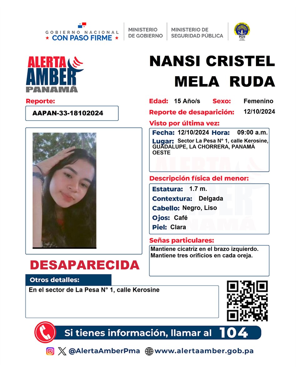 Alerta Amber: menor de 15 años se encuentra desaparecida desde el sábado 12 de octubre