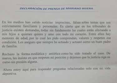Mariano Rivera pide respeto y reserva en caso familiar