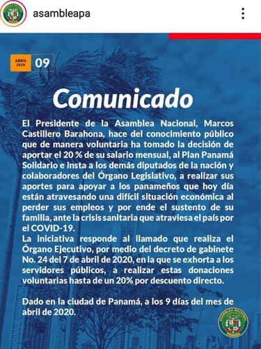 El presidente de la Asamblea donará el 20% de su salario al Plan Panamá Solidario