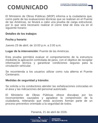 Anuncian el cierre temporal del puente de las Américas por evaluaciones técnicas