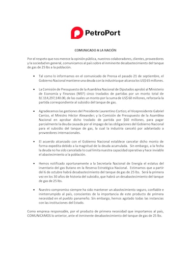 Advierten desabastecimiento del tanque de gas de 25 libras a partir de mañana