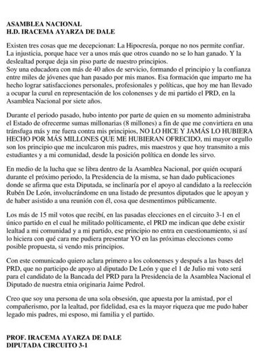 Diputada Iracema de Dale insinúa que Ricardo Martinelli le ofreció $8 millones para cambiar de partido
