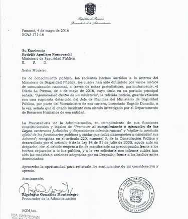Procurador pide a ministro Aguilera le informe sobre el caso de arresto en despacho