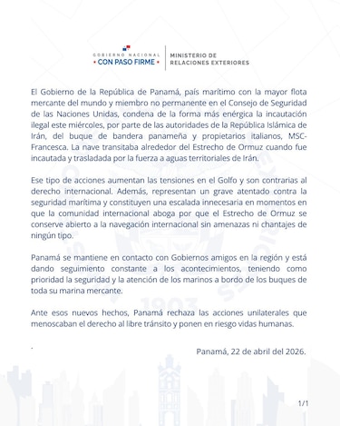 Panamá condena incautación de buque de bandera panameña por parte de Irán