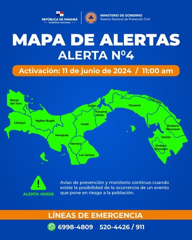 El Sinaproc declara alerta verde a nivel nacional por lluvias