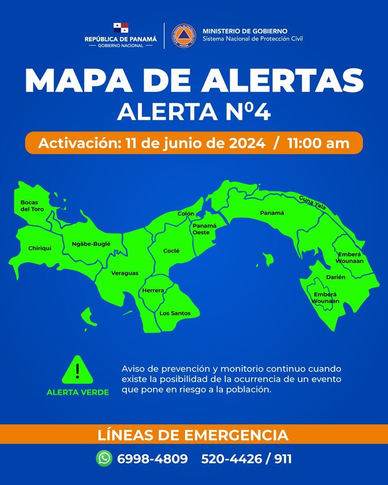 El Sinaproc declara alerta verde a nivel nacional por lluvias