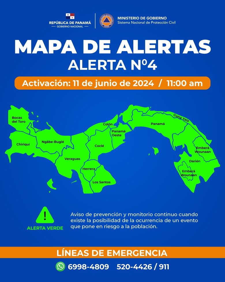 El Sinaproc declara alerta verde a nivel nacional por lluvias