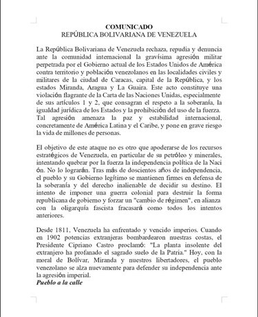 Venezuela denuncia agresión de Estados Unidos y declara estado de conmoción exterior