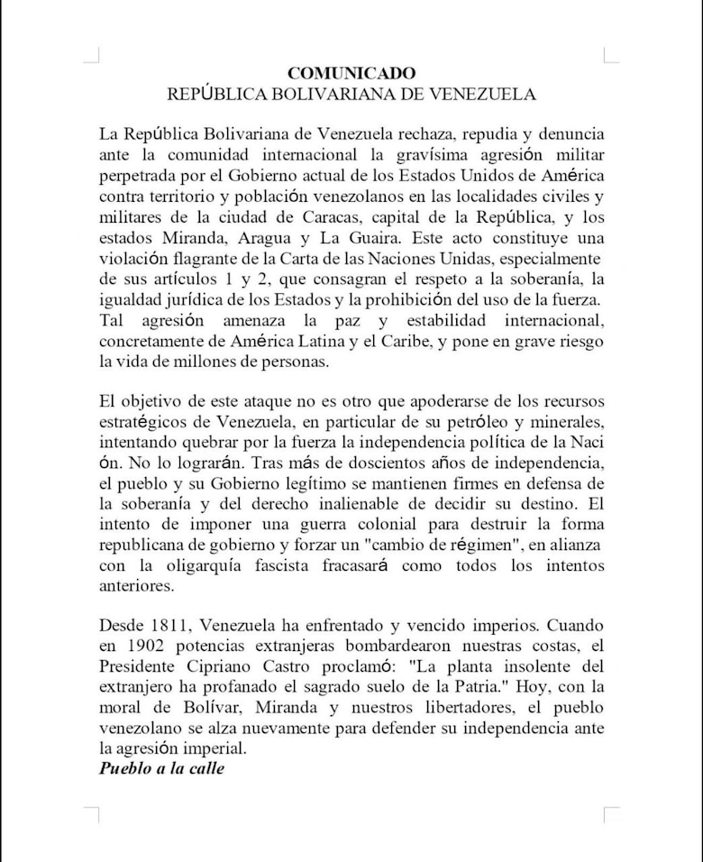 Venezuela denuncia agresión de Estados Unidos y declara estado de conmoción exterior