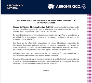 México identifica posible filtración de datos personales de la aerolínea Aeroméxico