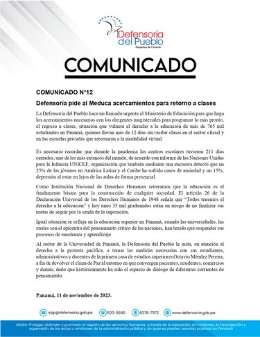 Defensoría del Pueblo pide acercamiento entre Meduca y gremios para el retorno a clases
