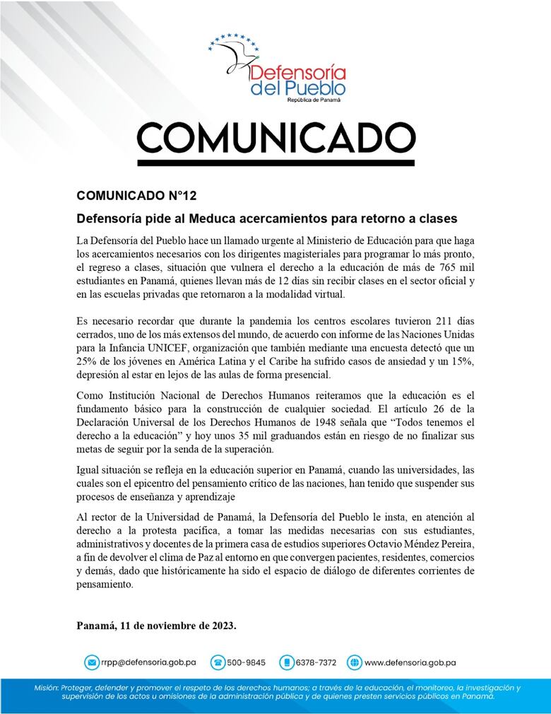 Defensoría del Pueblo pide acercamiento entre Meduca y gremios para el retorno a clases