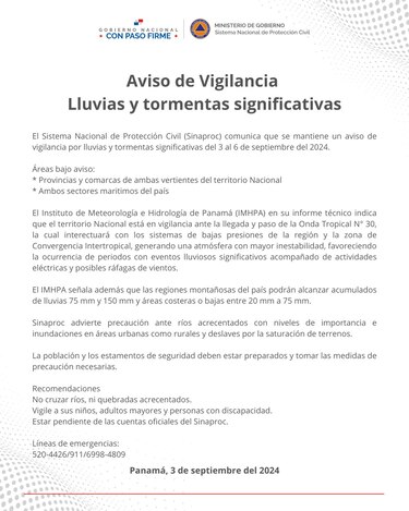 Sinaproc emitió aviso de vigilancia por lluvias y tormentas