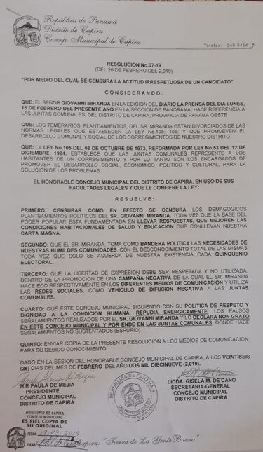 La resolución que 'censura' al candidato Giovanni Miranda de Capira