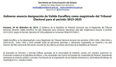 Ratifican a Eduardo Valdés Escoffery como magistrado del Tribunal Electoral hasta diciembre de 2025.