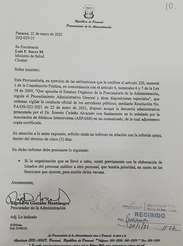Procurador de la Administración pide informes al Minsa y la CSS sobre el proceso de vacunación