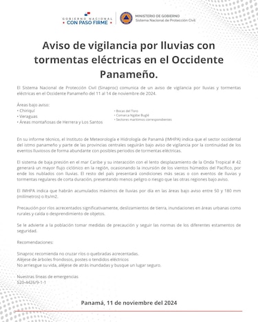 Sinaproc emite aviso de vigilancia por lluvias y tormentas en el occidente de Panamá