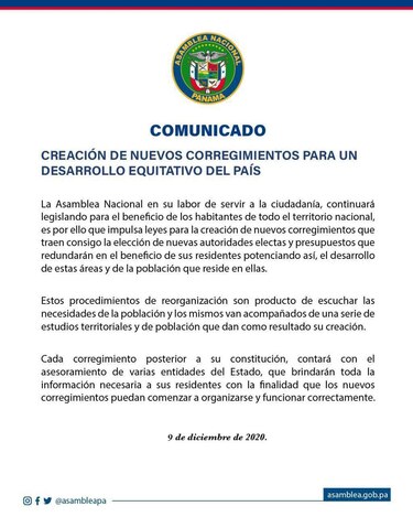 Asamblea defiende iniciativas para crear nuevos corregimientos