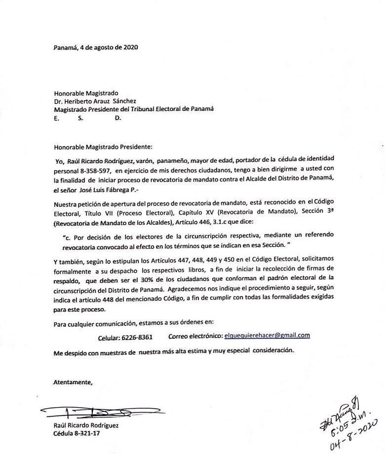 Presentan solicitud para iniciar proceso de revocatoria de mandato contra el alcalde José Luis Fábrega