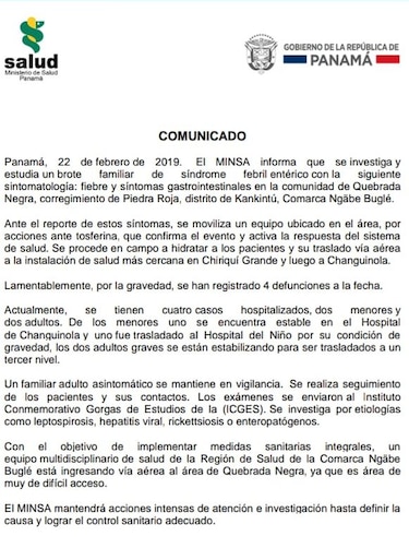 Minsa investiga brote familiar en la comarca Ngäbe Buglé; hay cuatro muertos