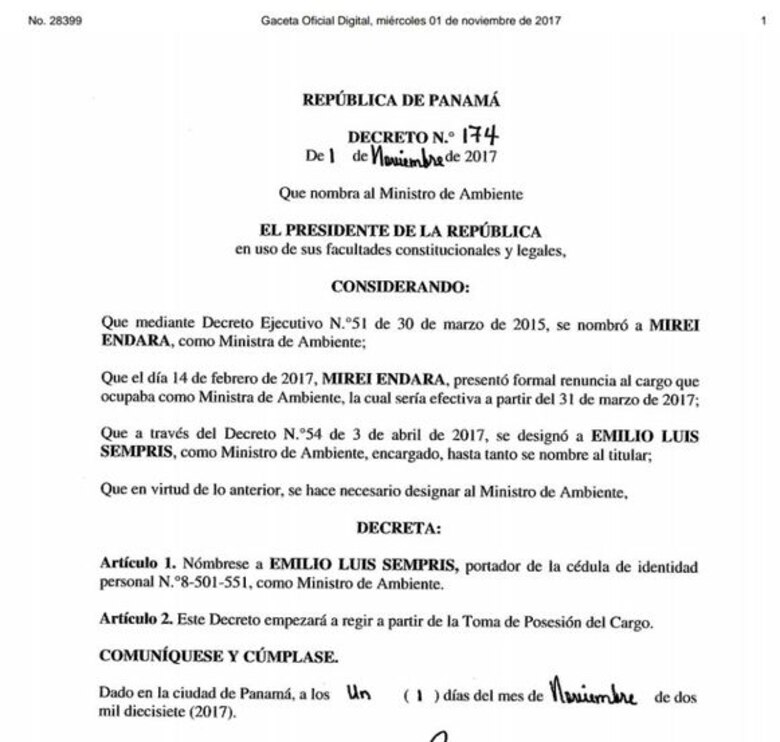 Oficializan designación de Emilio Sempris como ministro de Ambiente