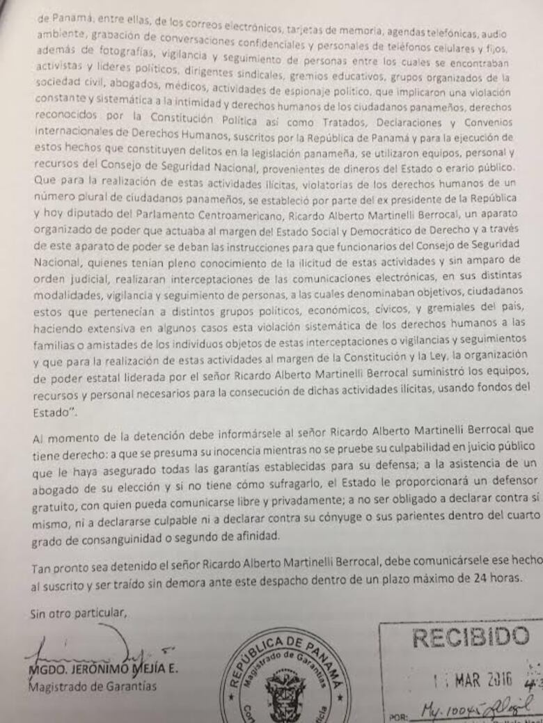 Magistrado Mejía pide al director de la Policía  que gestione la detención de Ricardo Martinelli