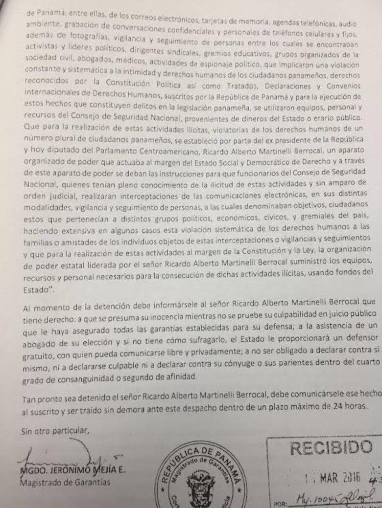 Magistrado Mejía pide al director de la Policía que gestione la detención de Ricardo Martinelli
