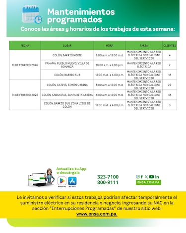 ENSA informa los mantenimientos programados del 9 al 14 de febrero de 2026