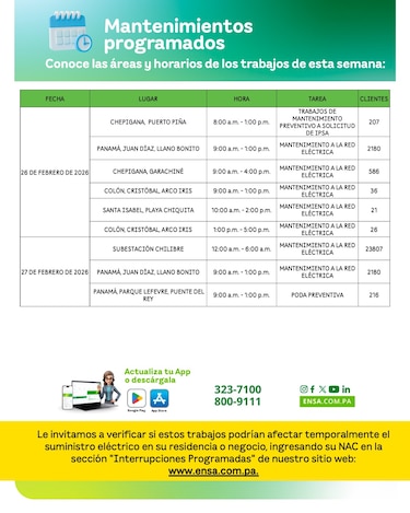 ENSA informa los mantenimientos programados del 23 al 27 de febrero de 2026