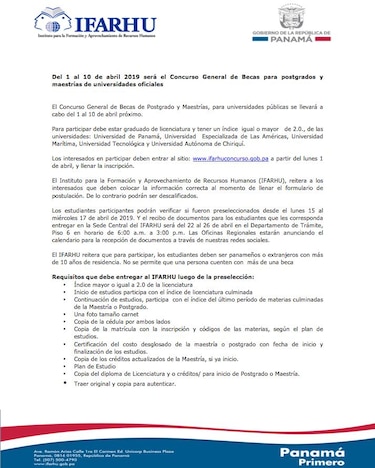 Ifarhu abre concurso de becas para postgrados y maestría