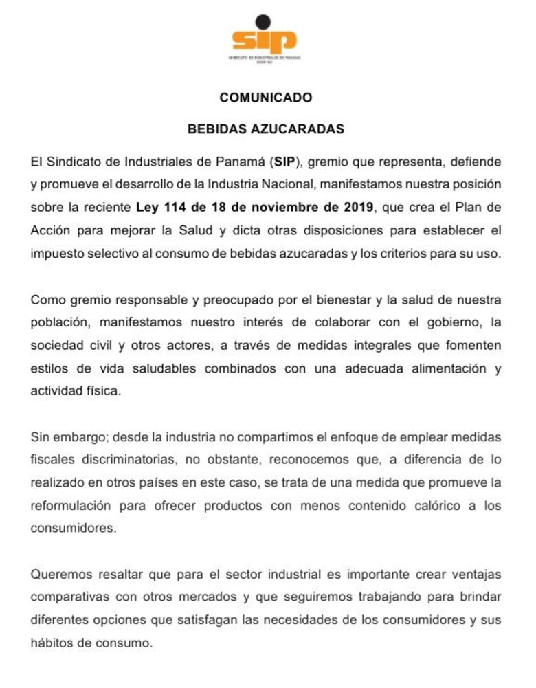 Industriales reacciona por impuesto a bebidas azucaradas