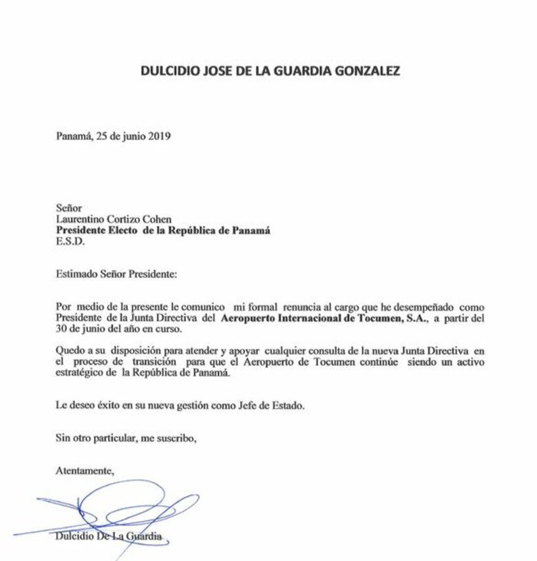 Dulcidio De La Guardia anuncia su renuncia a las directivas de Tocumen, S.A. y de Etesa