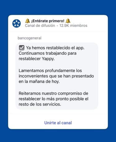 Banco General confirma el restablecimiento del sistema de banca en línea y Yappy