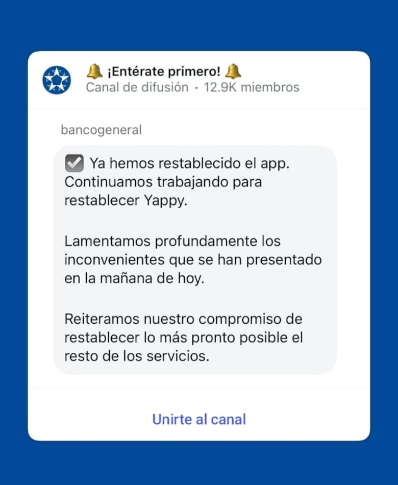 Banco General confirma el restablecimiento del sistema de banca en línea y Yappy