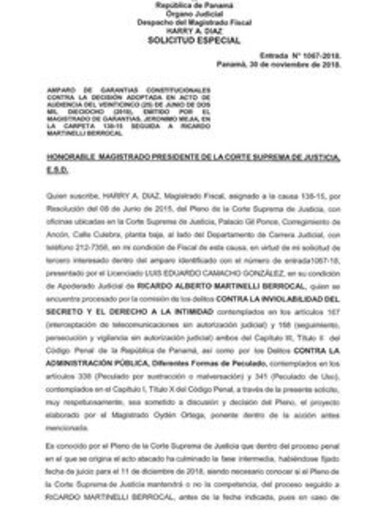 Magistrado fiscal Díaz pide a la Corte decidir el amparo de Martinelli 'con urgencia'