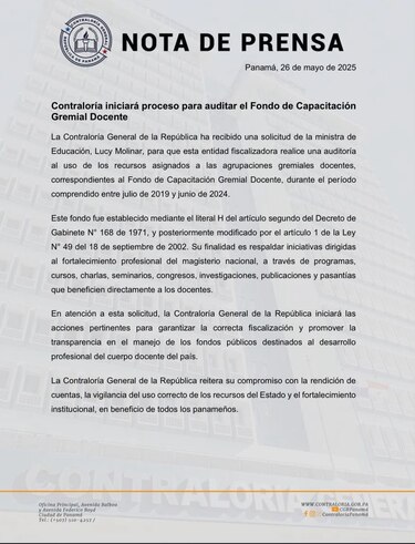 Contraloría auditará fondos de capacitación docente tras solicitud del Meduca